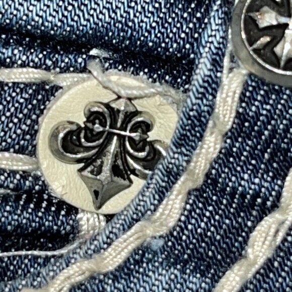 AFFLICTION 73 MMA JADE Top Stitched Denim Distressed Low Rise Flare Jeans EUC 27 - Picture 14 of 14